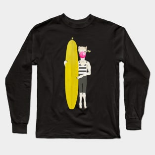 Alpaca holding a yellow surfboard Long Sleeve T-Shirt